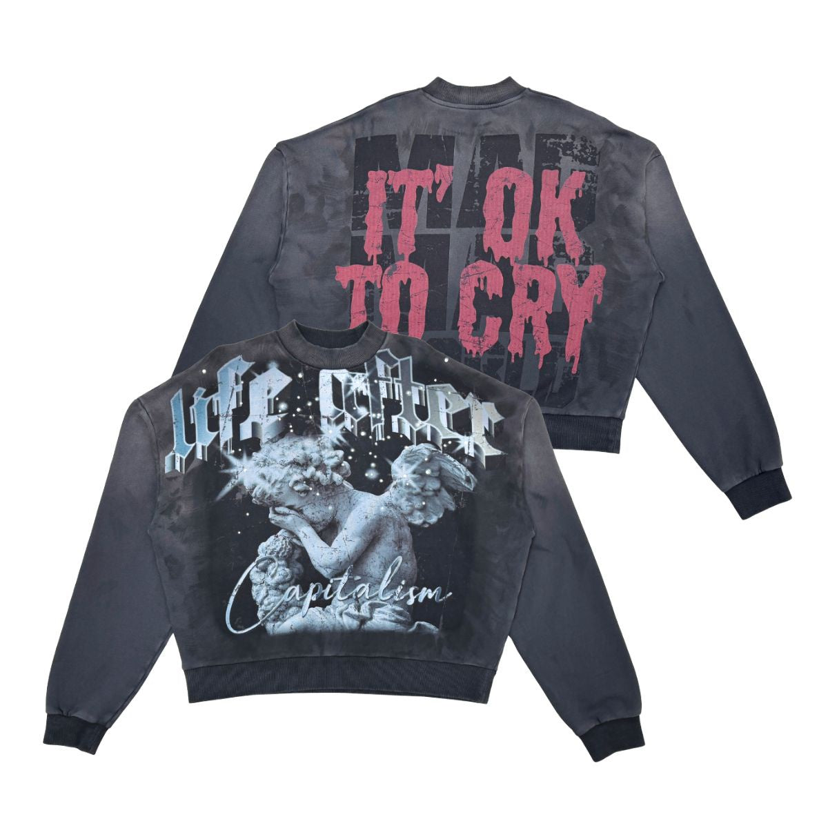 Washed F. Terry Crewneck w/ Rhinestone Details DK GRAY