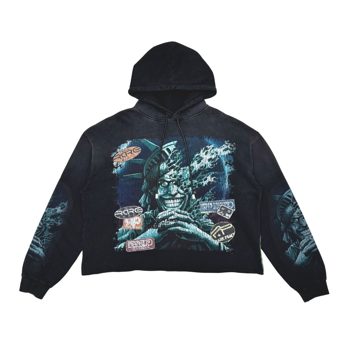 Washed F. Terry Cut off Hoodie w/ Rhinestone BLACK
