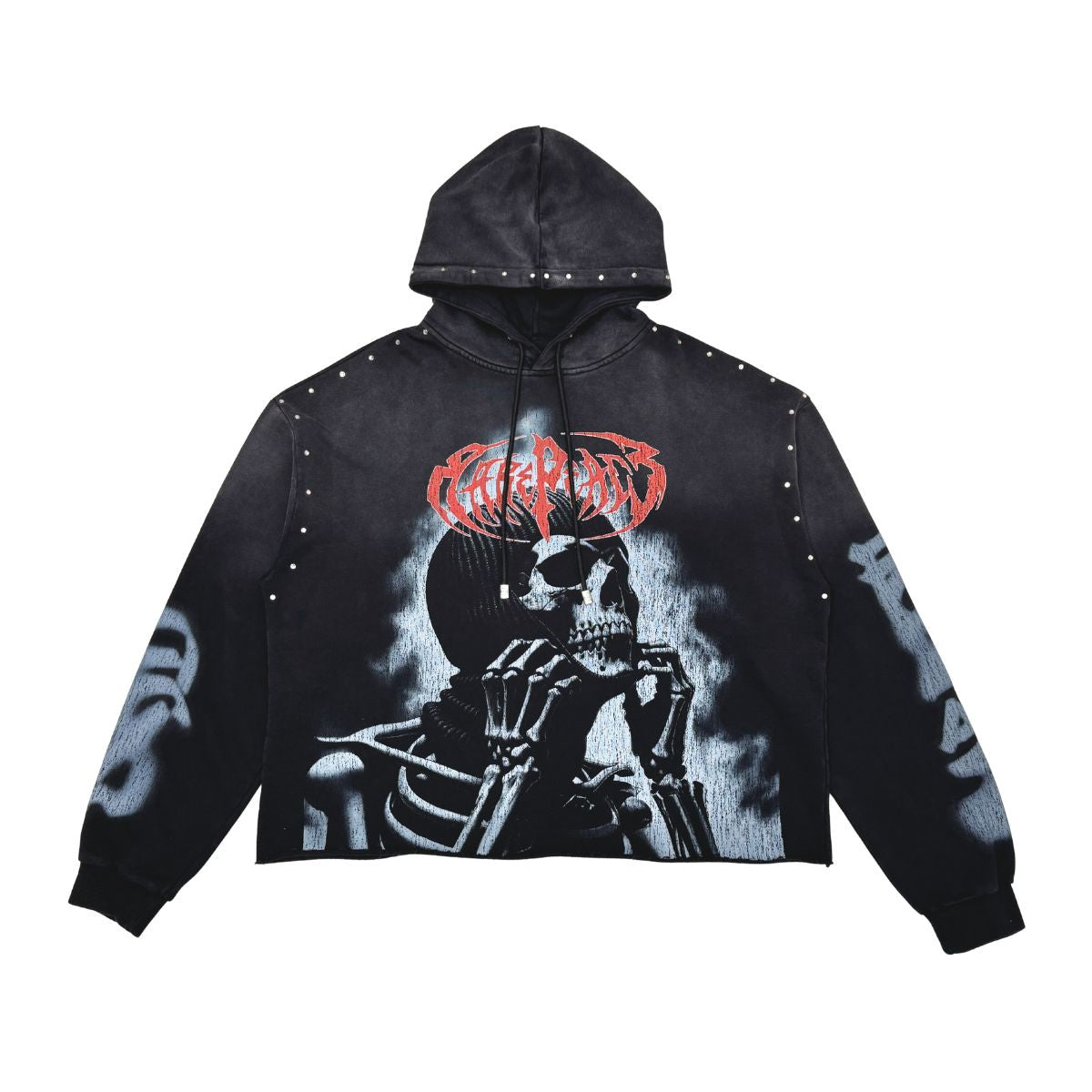 Washed F. Terry Cut Off Hoodie w/ Rhinestones BLACK