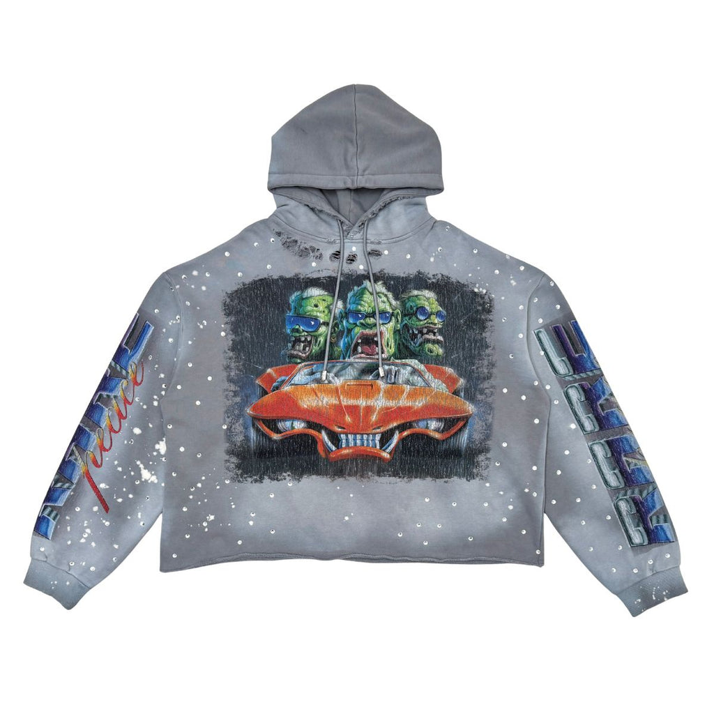 Washed F. Terry Cut Off Hoodie w/ All Over Rhinestones GRAY