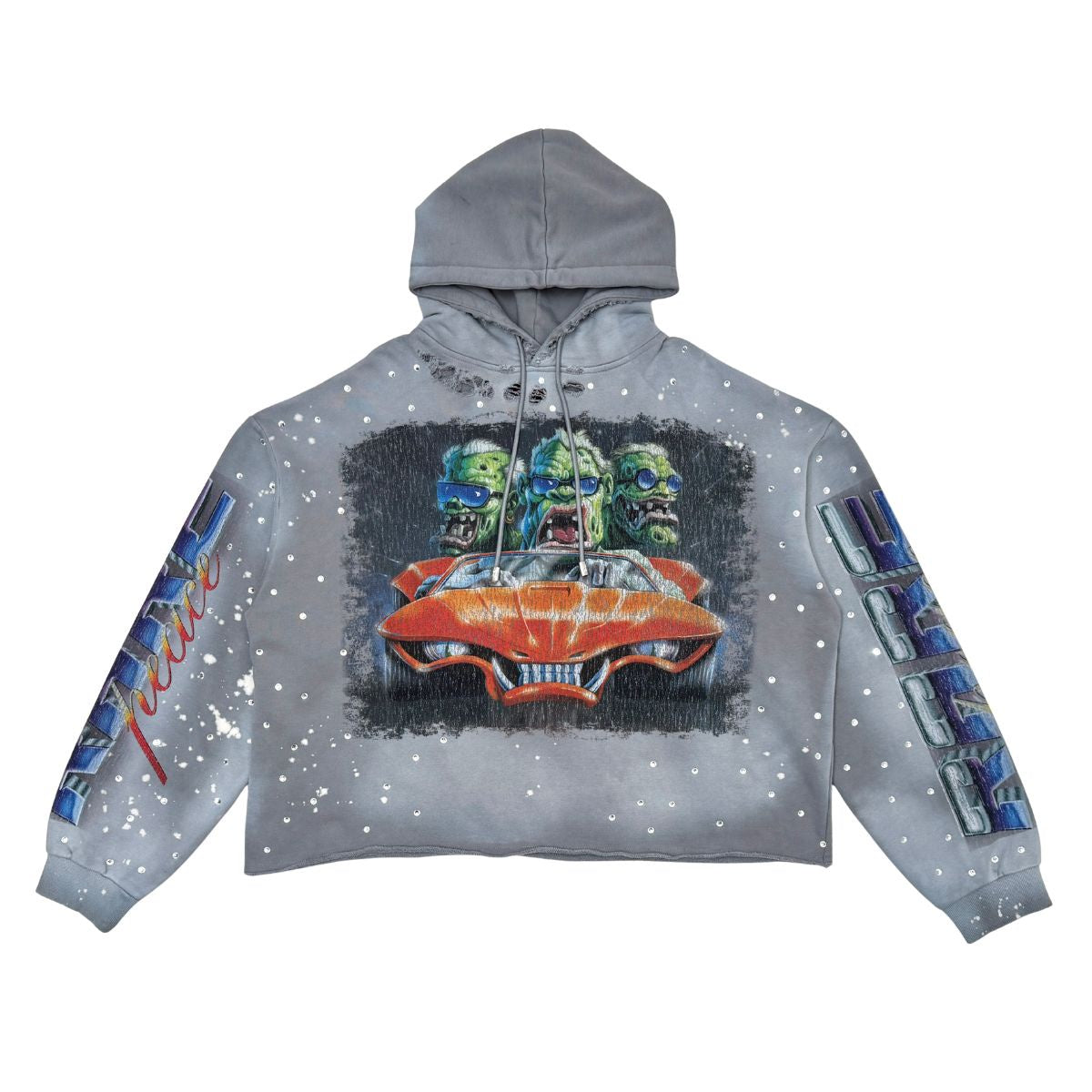 Washed F. Terry Cut Off Hoodie w/ All Over Rhinestones GRAY