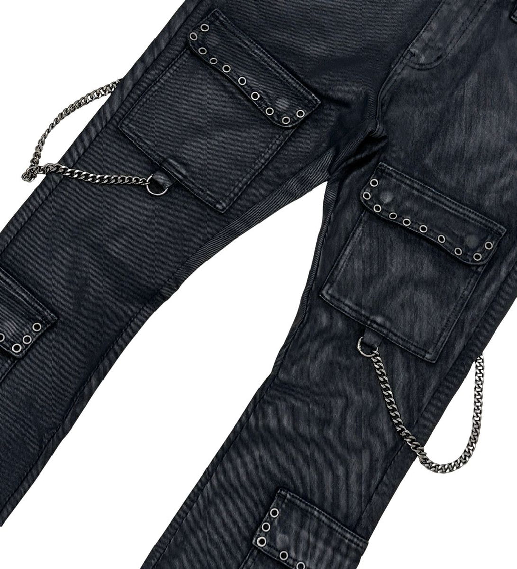 Vicious Flare Fit Denim W/Stone Details+Chains-Blk