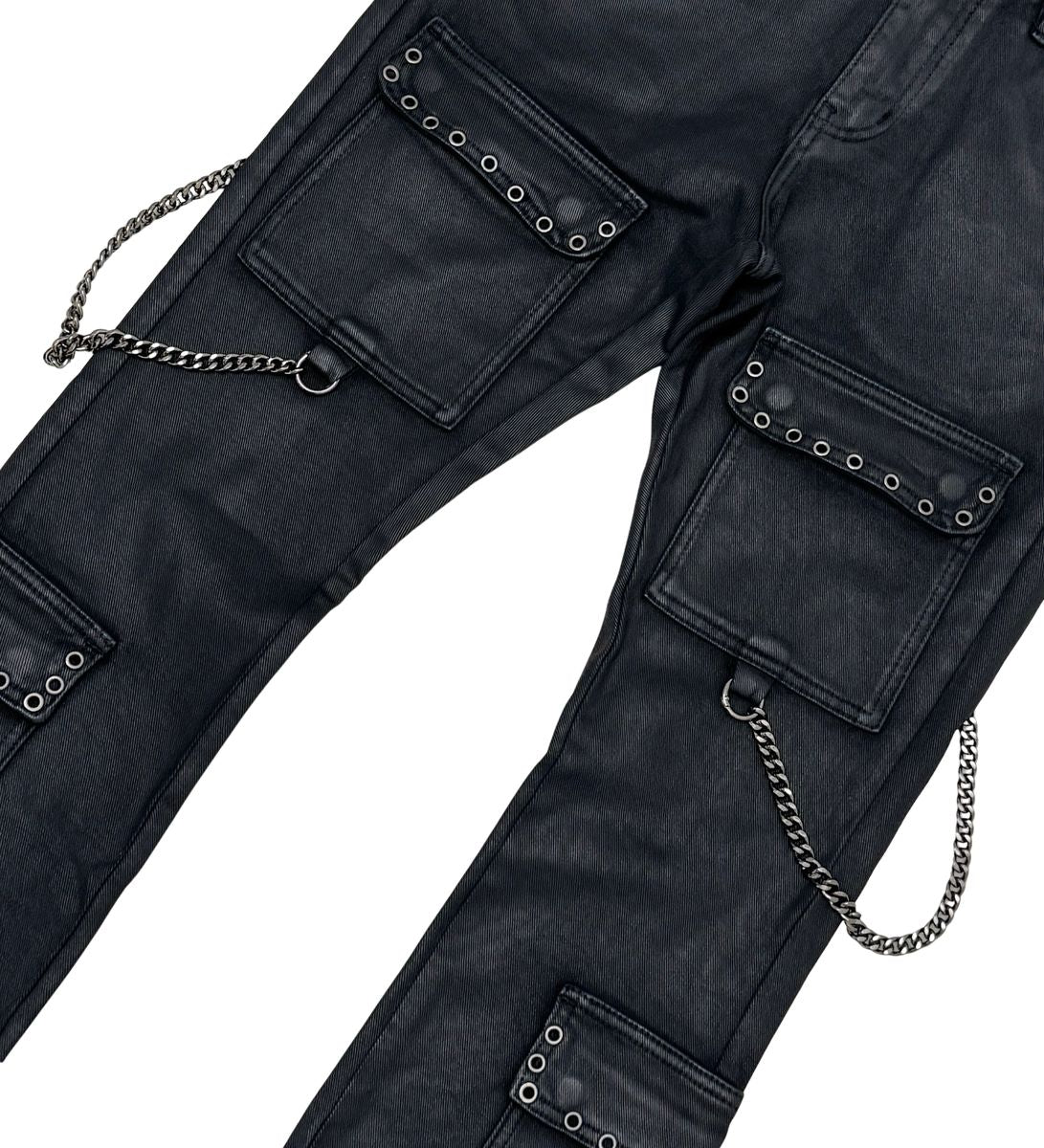 Vicious Flare Fit Denim W/Stone Details+Chains-Blk