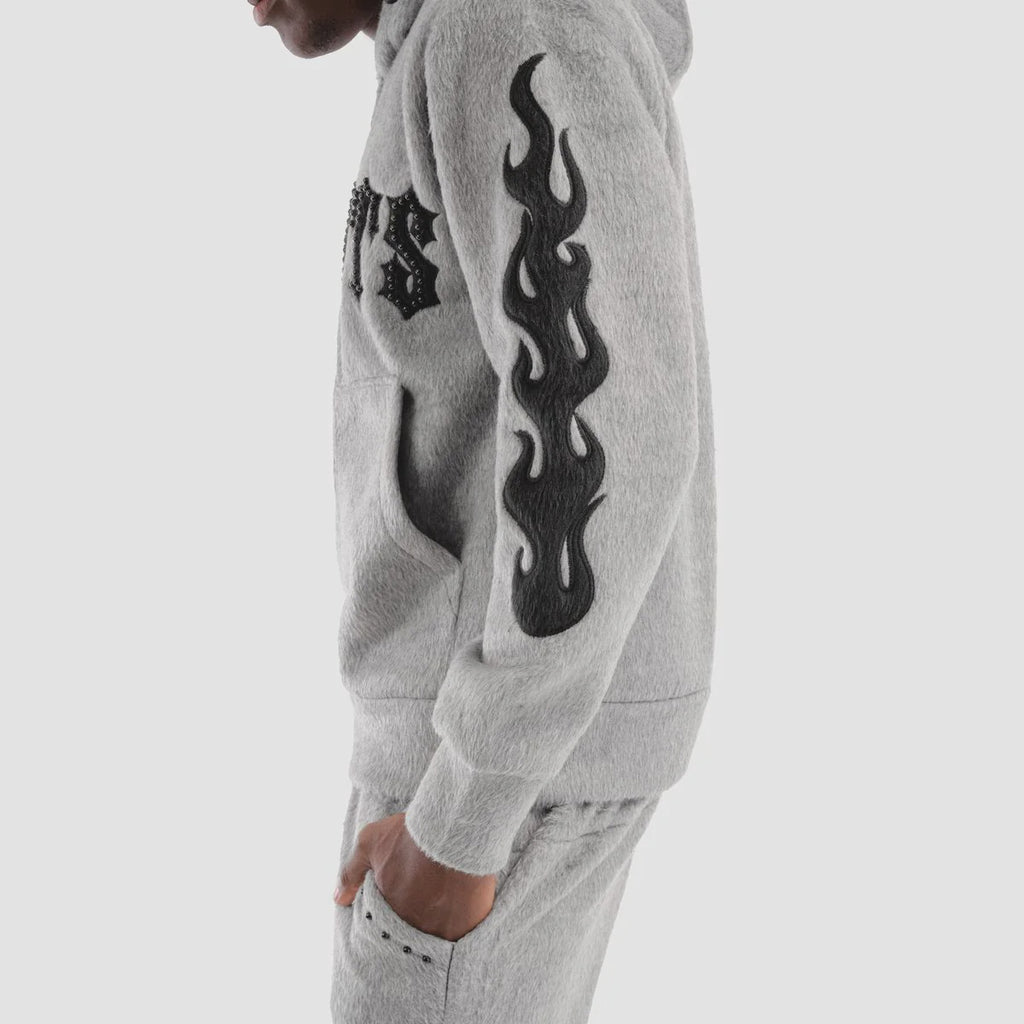 Copper Rivet Pearled Zip Up Hoodie- Grey