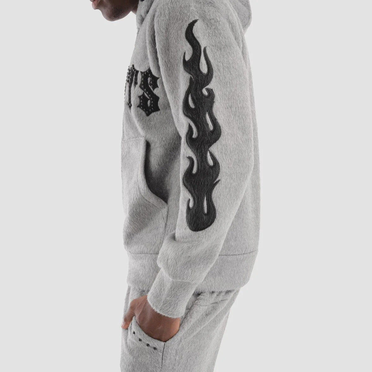Copper Rivet Pearled Zip Up Hoodie- Grey