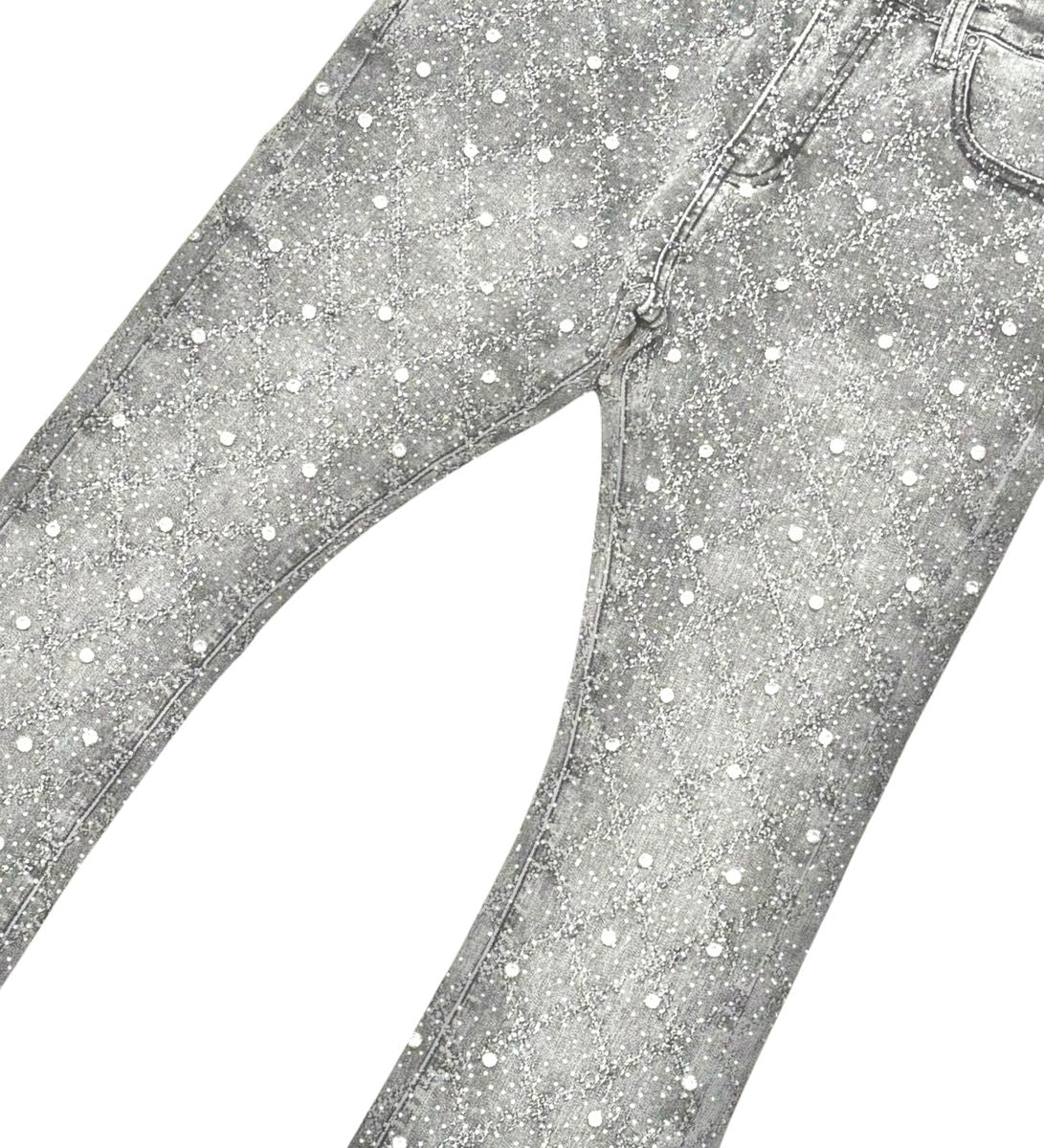 Vicious Embellish Rhinestone Flare Denim- Lt Grey