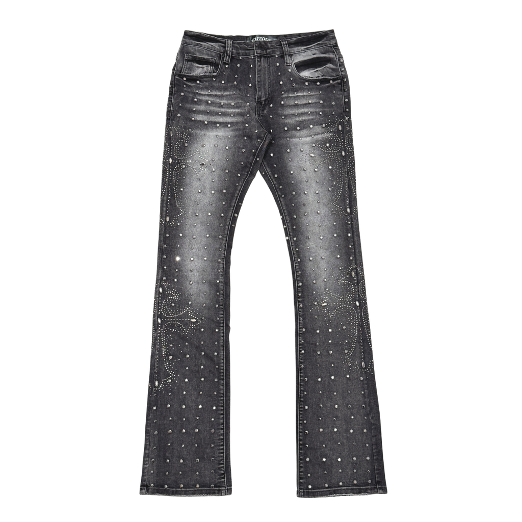 Vicious Embellish Rhinestone Flare Denim-Dk Grey