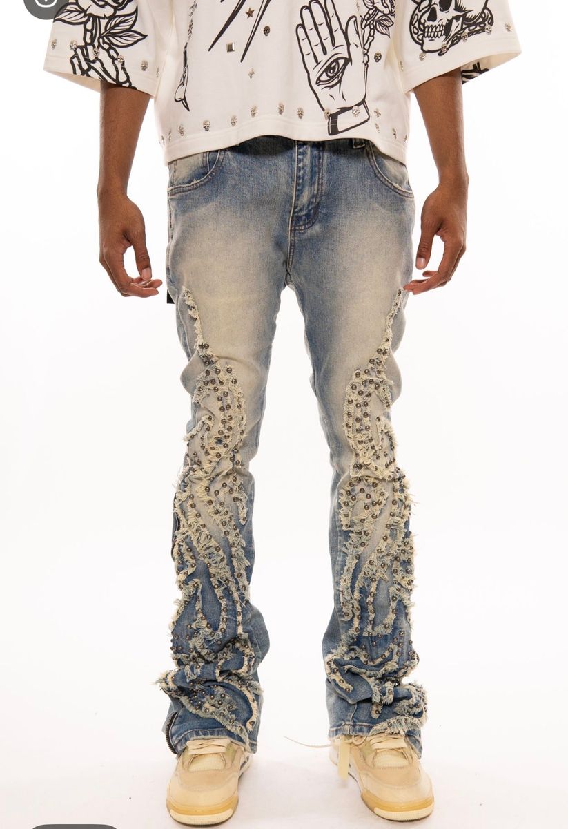 Vicious Blue Studded Ripped Flared Denim w/ Side Zippers