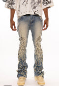 Vicious Blue Studded Ripped Flared Denim w/ Side Zippers