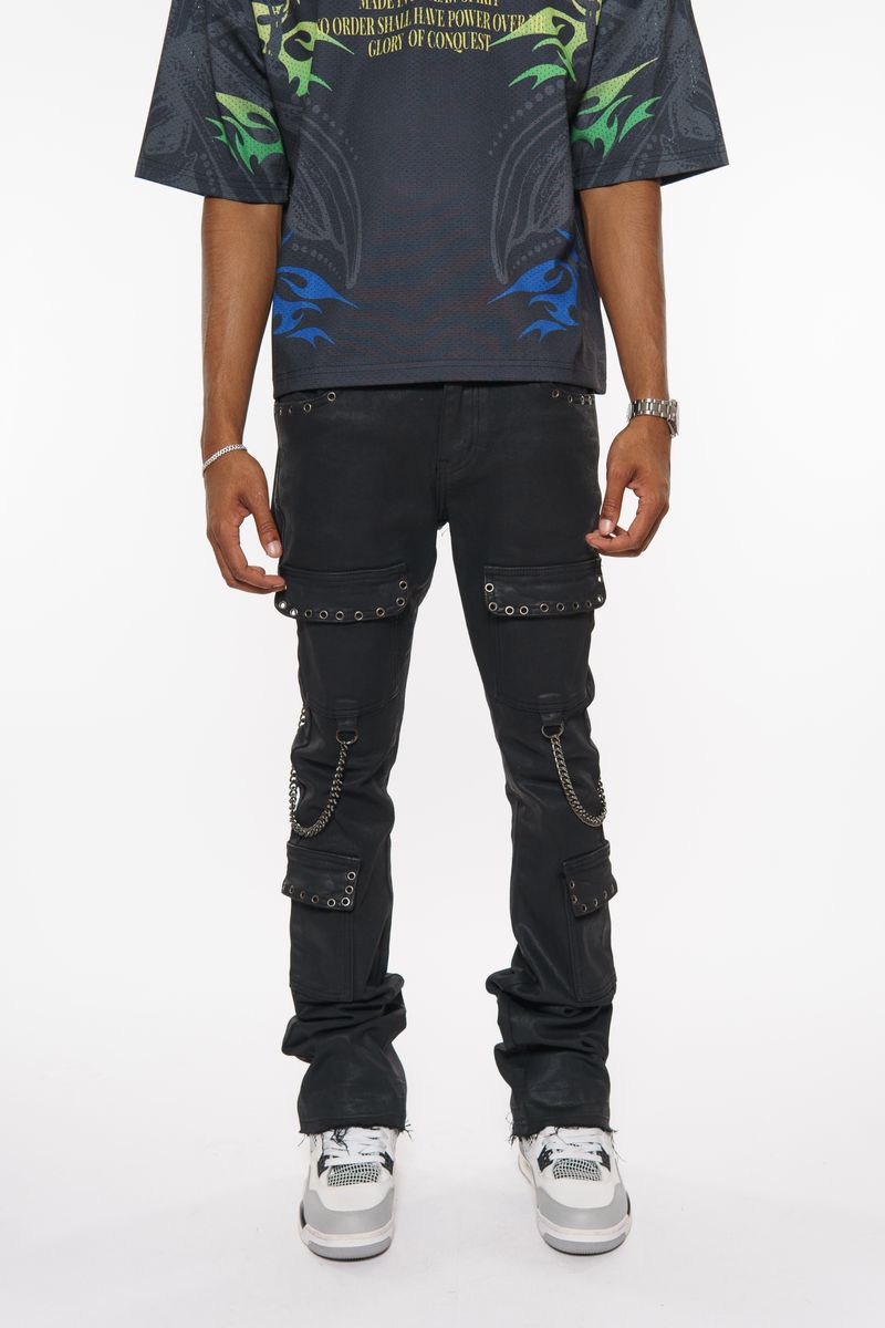 Vicious Flare Fit Denim W/Stone Details+Chains-Blk