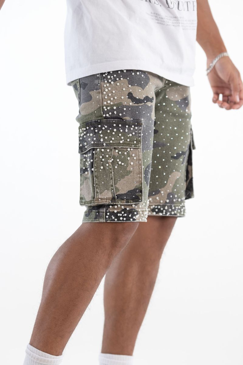 Kindred Rhinestone Denim Shorts-  Green Camo