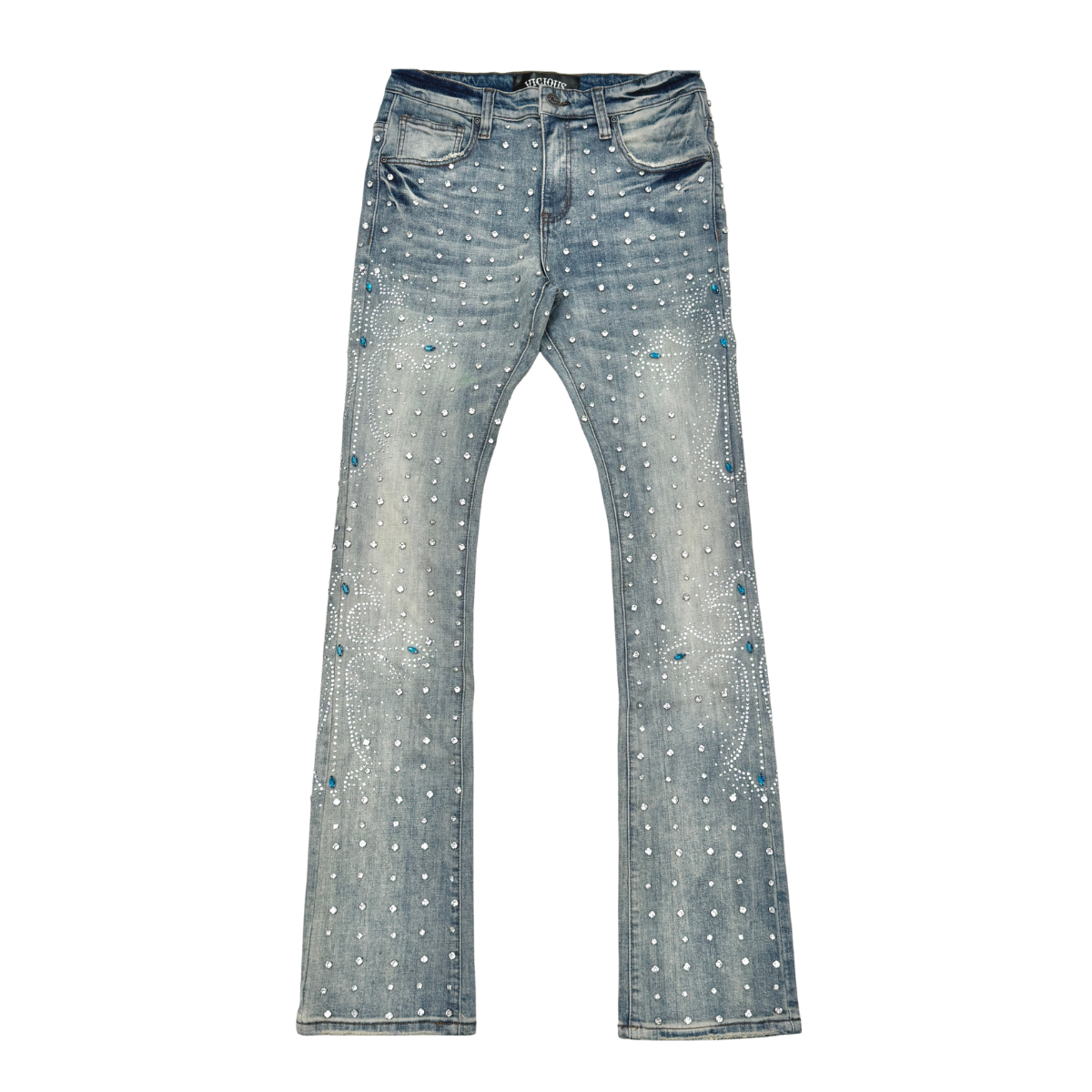 Vicious Embellish Rhinestone Flare Denim- Lt Acid
