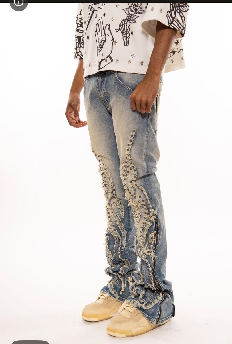 Vicious Blue Studded Ripped Flared Denim w/ Side Zippers