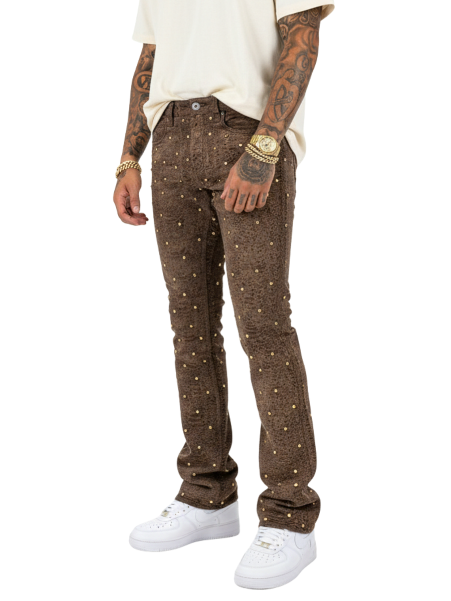Vicious Embellish Rhinestone Snakeskin Stack Denim- Brown