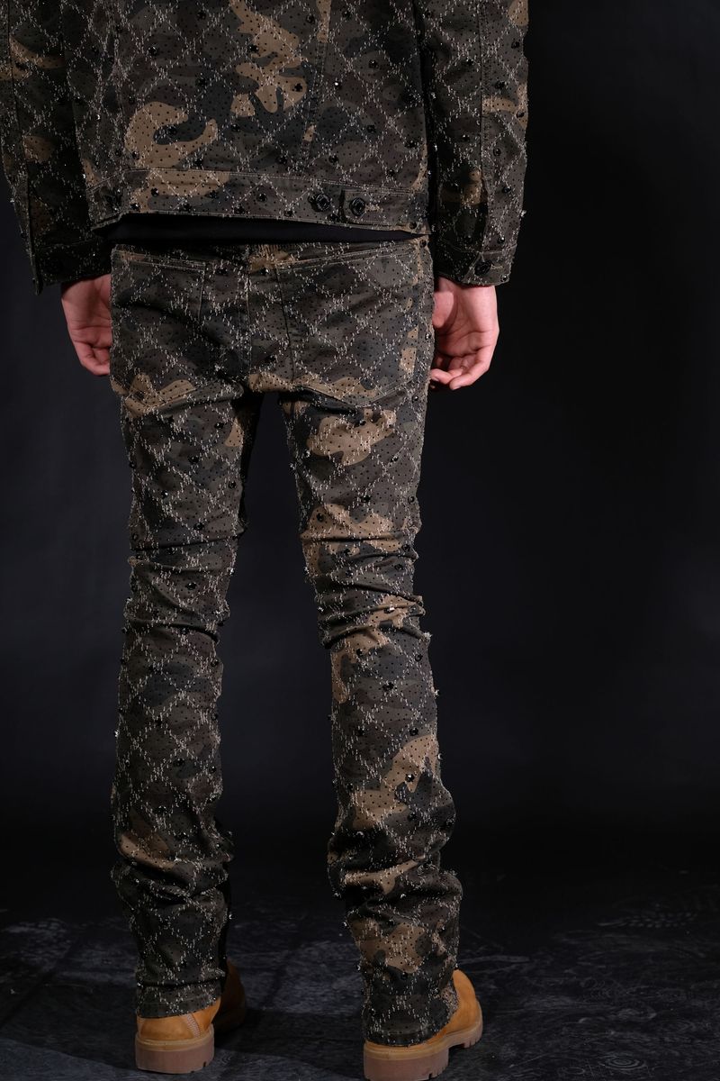 Vicious Camo Brown Embellished Rhinestone Flare Denim