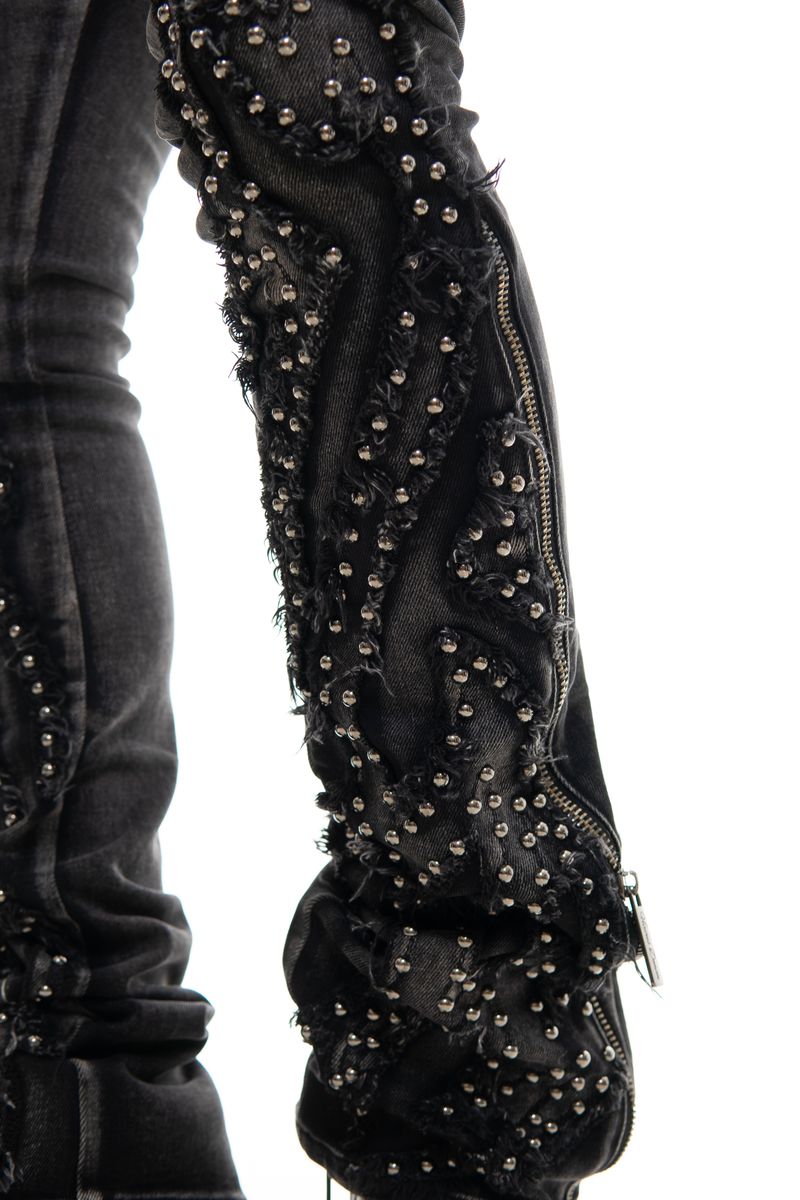 Vicious Black Studded Ripped Flared Denim W/ Side Zippers