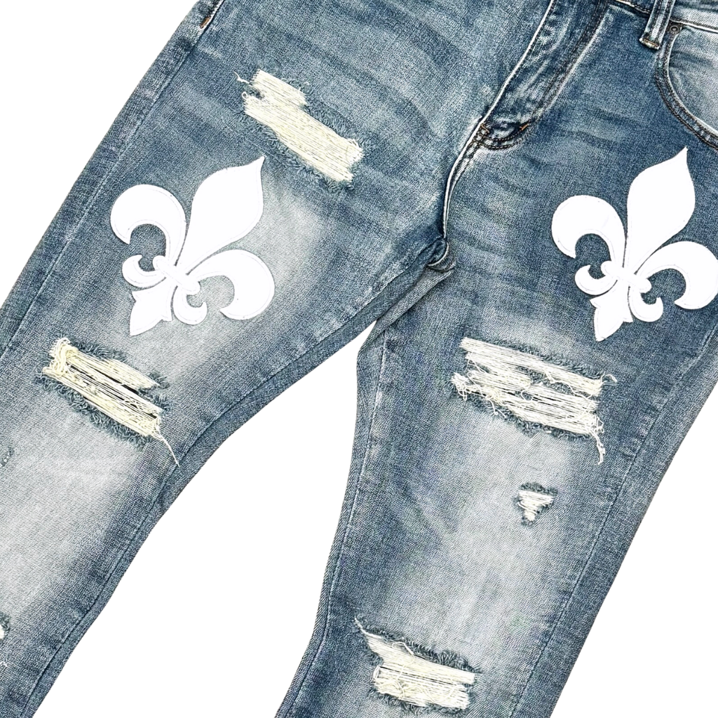 Vicious 'Premium Artwork All Over' Flared Jeans- Lt Blue