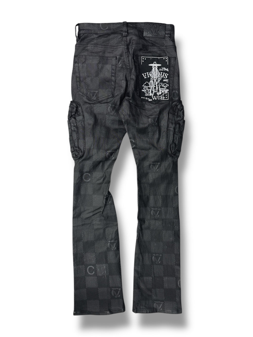 Vicious Wax Coated & Printed Cargo Stack Denim With Art Details - Coated Black