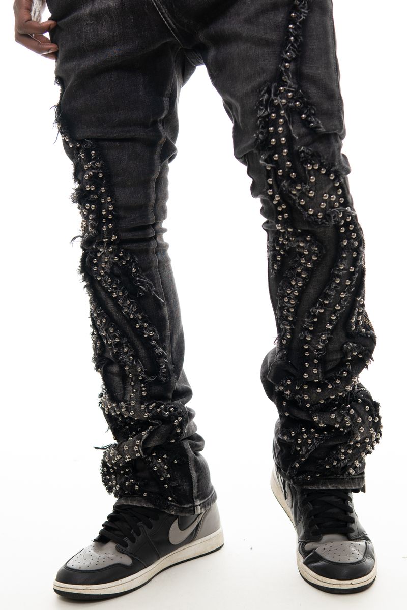Vicious Black Studded Ripped Flared Denim W/ Side Zippers