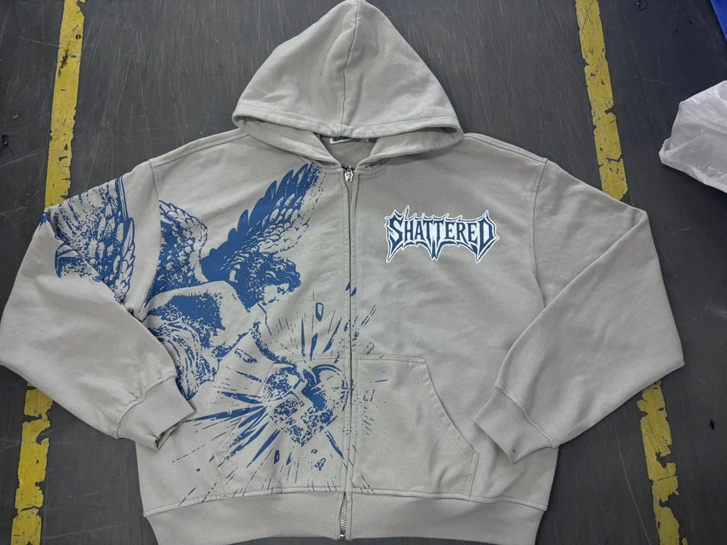 SHATTERED 'Catching Feelings' Zip Up Hoodie- Grey