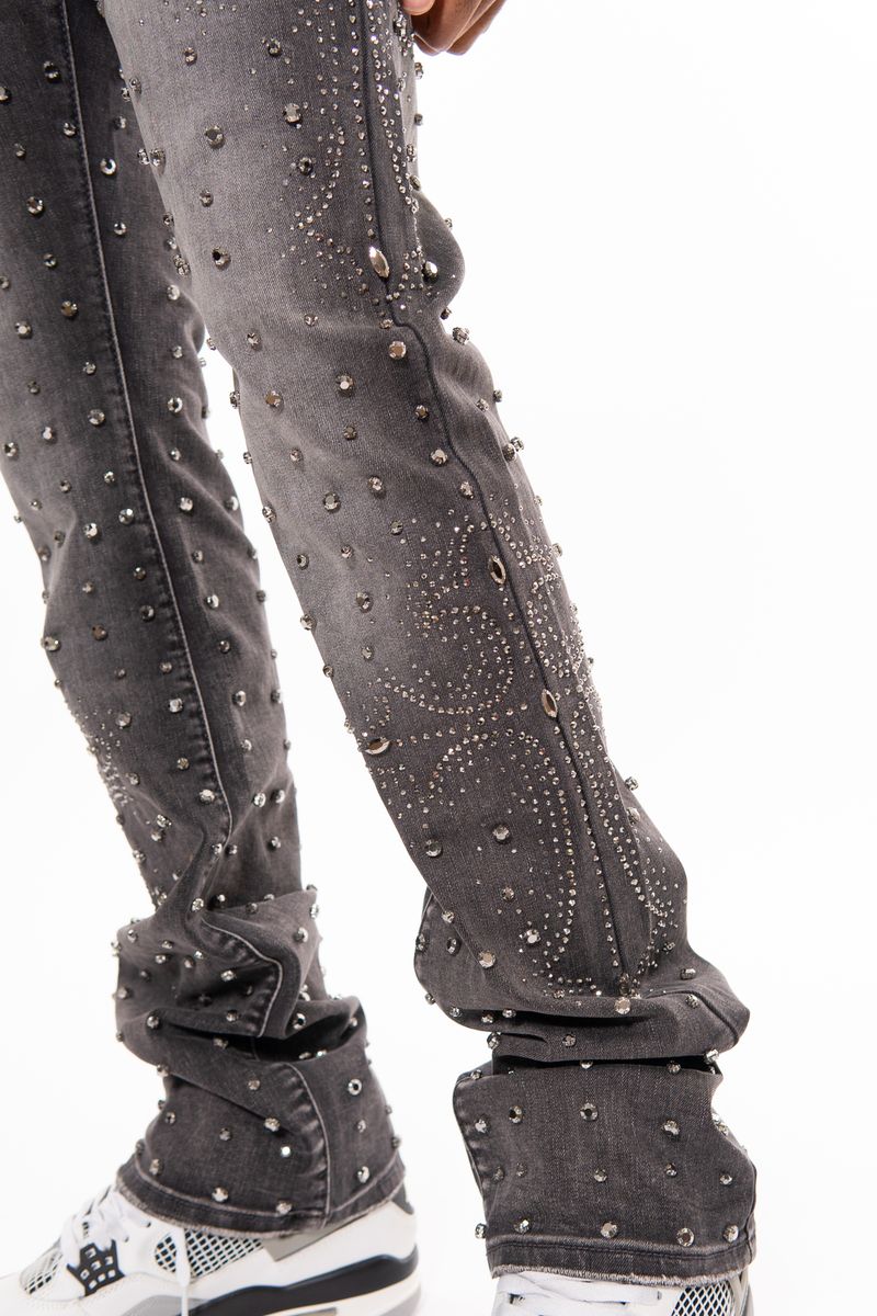 Vicious Embellish Rhinestone Flare Denim-Dk Grey