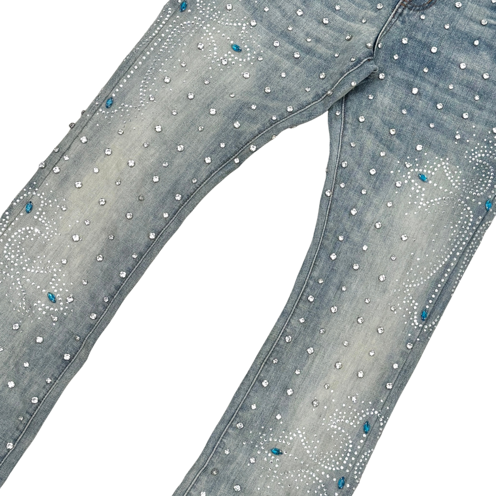 Vicious Embellish Rhinestone Flare Denim- Lt Acid