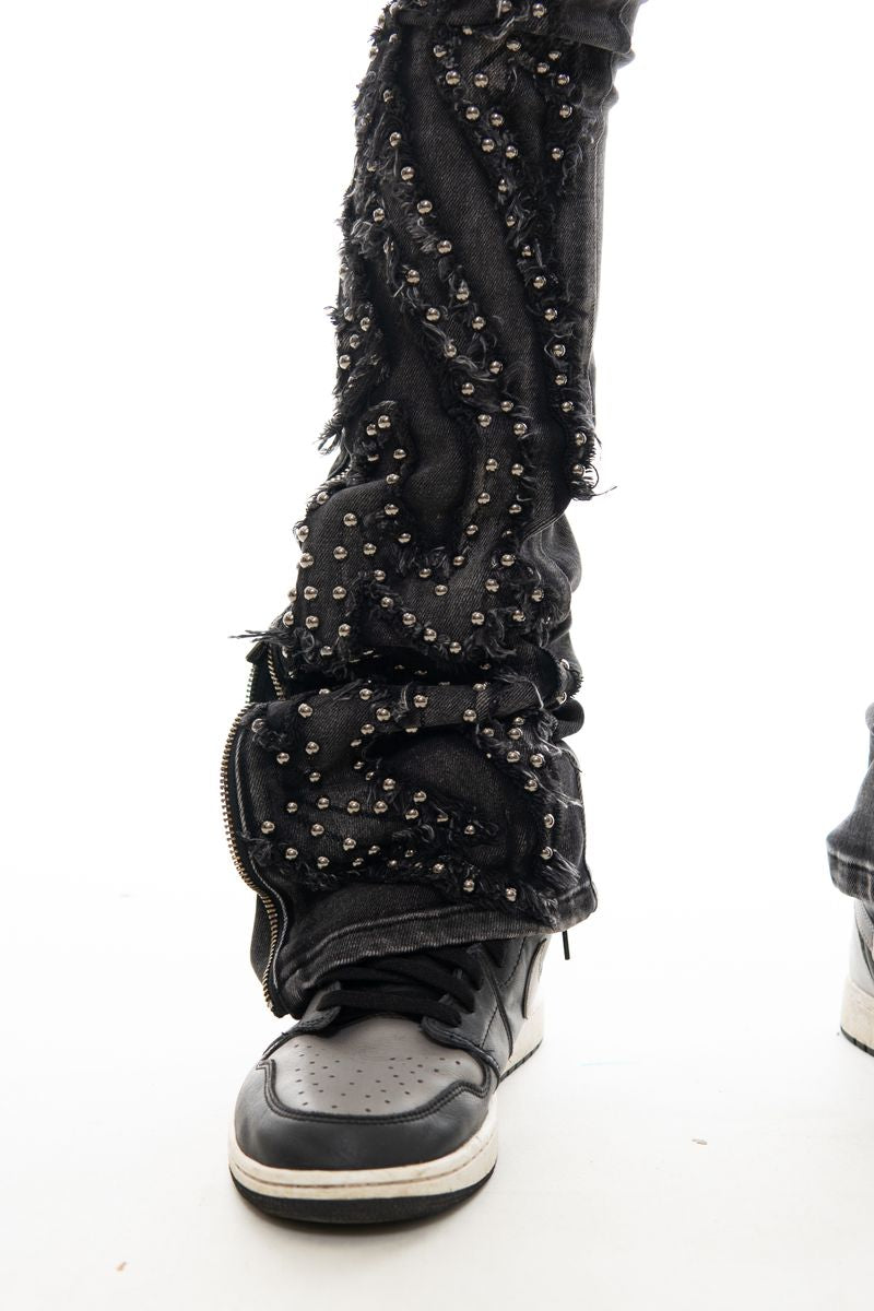 Vicious Black Studded Ripped Flared Denim W/ Side Zippers