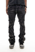 Vicious Black Studded Ripped Flared Denim W/ Side Zippers