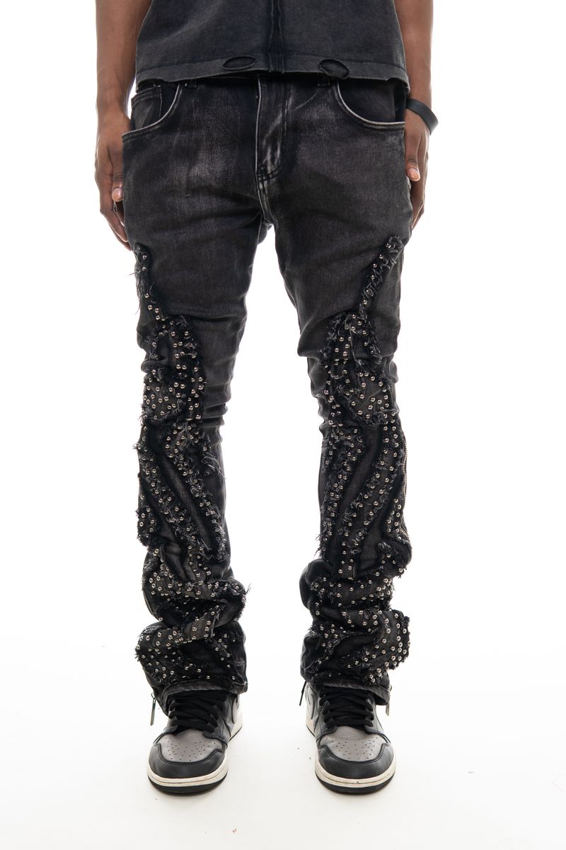 Vicious Black Studded Ripped Flared Denim W/ Side Zippers
