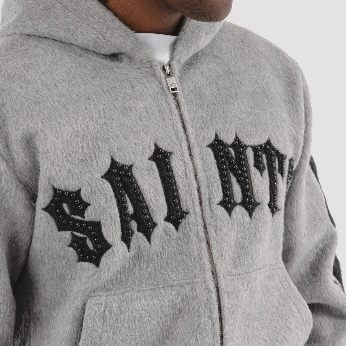 Copper Rivet Pearled Zip Up Hoodie- Grey