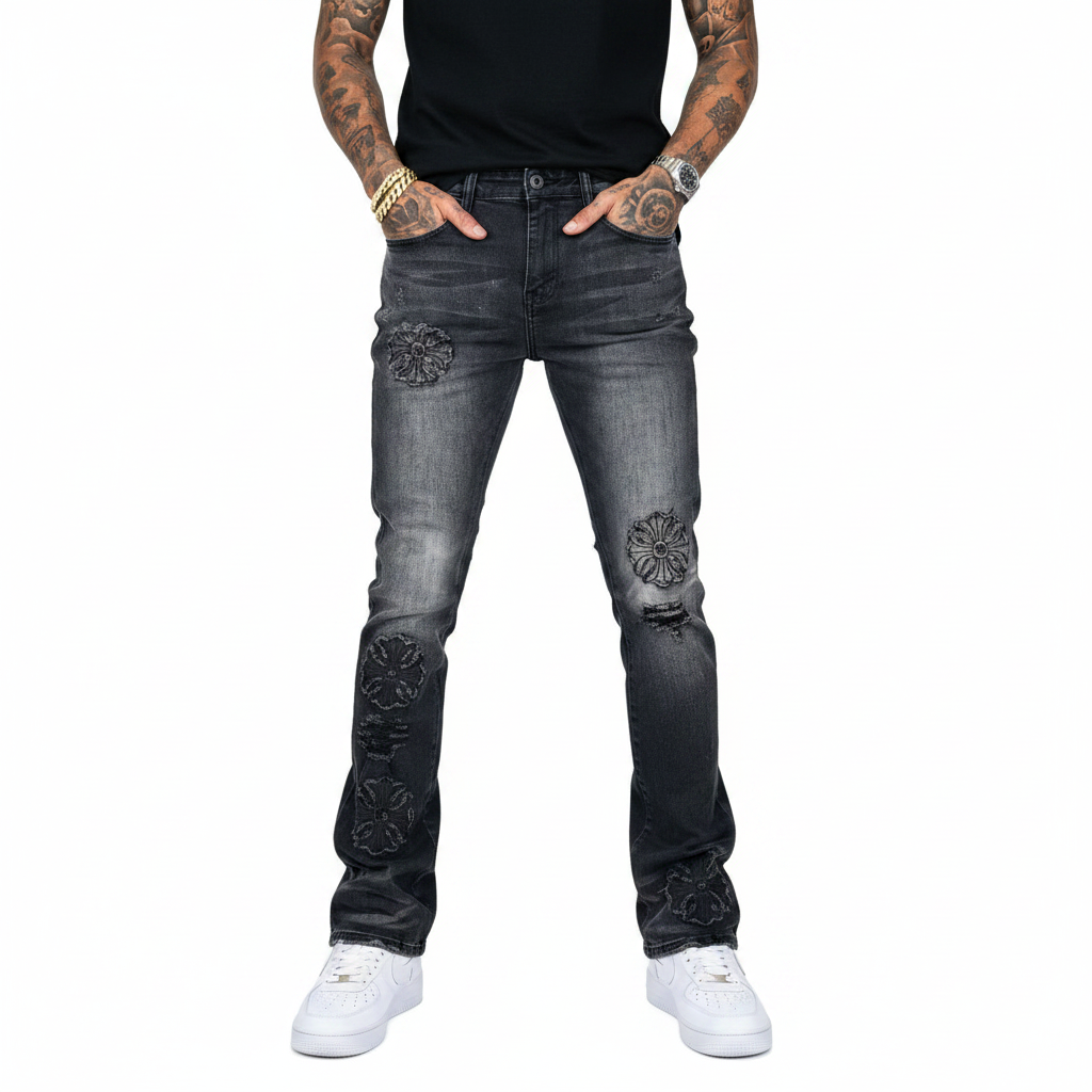 Vicious 'Premium Artwork All Over' Flared Jeans- Black