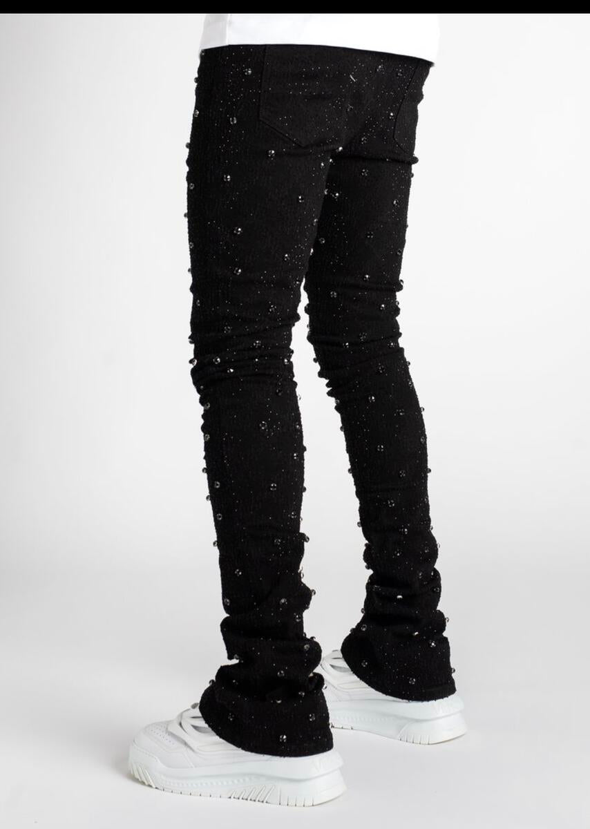 Vicious Embellish Rhinestone Flare Denim- Blk
