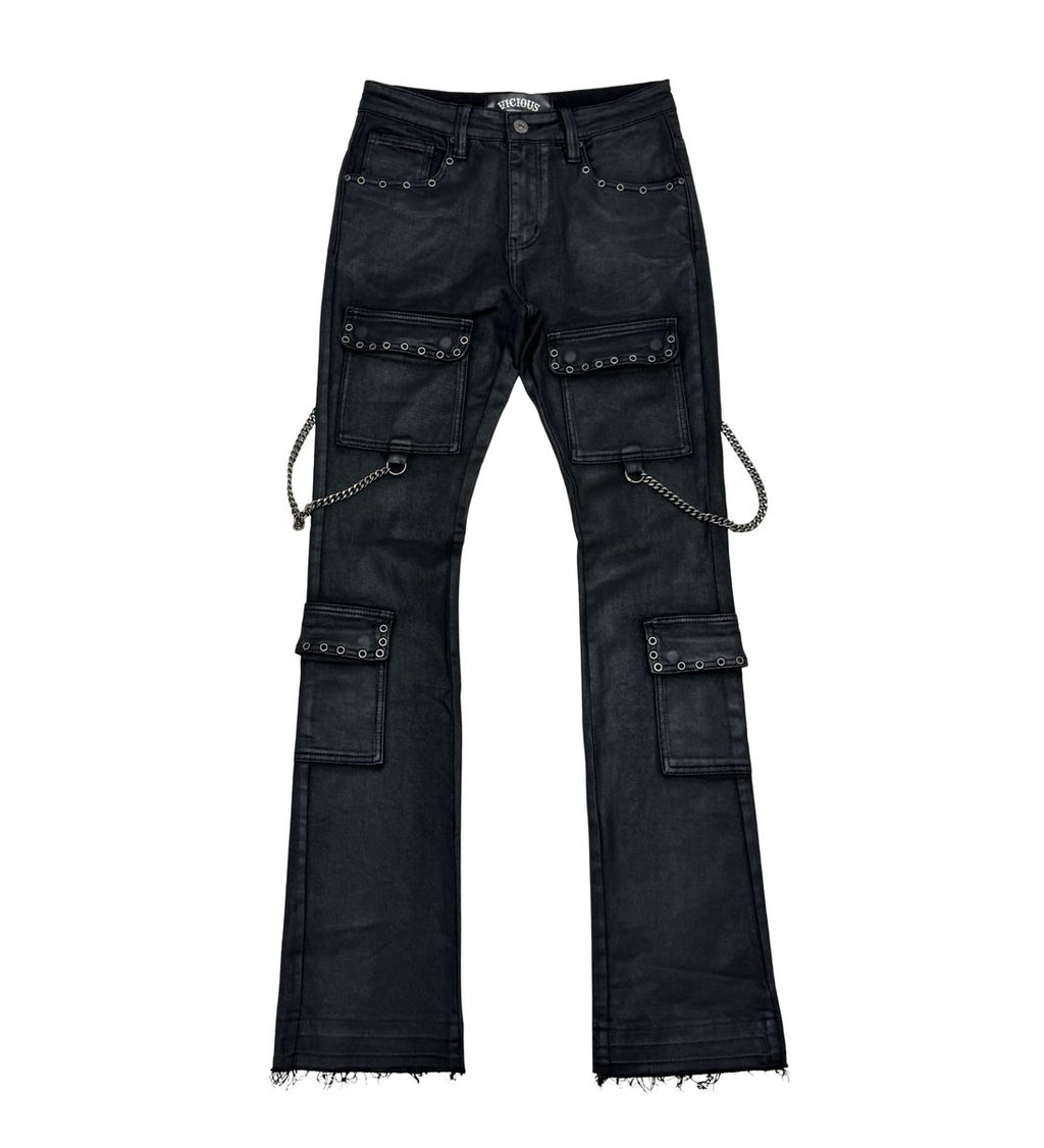 Vicious Flare Fit Denim W/Stone Details+Chains-Blk