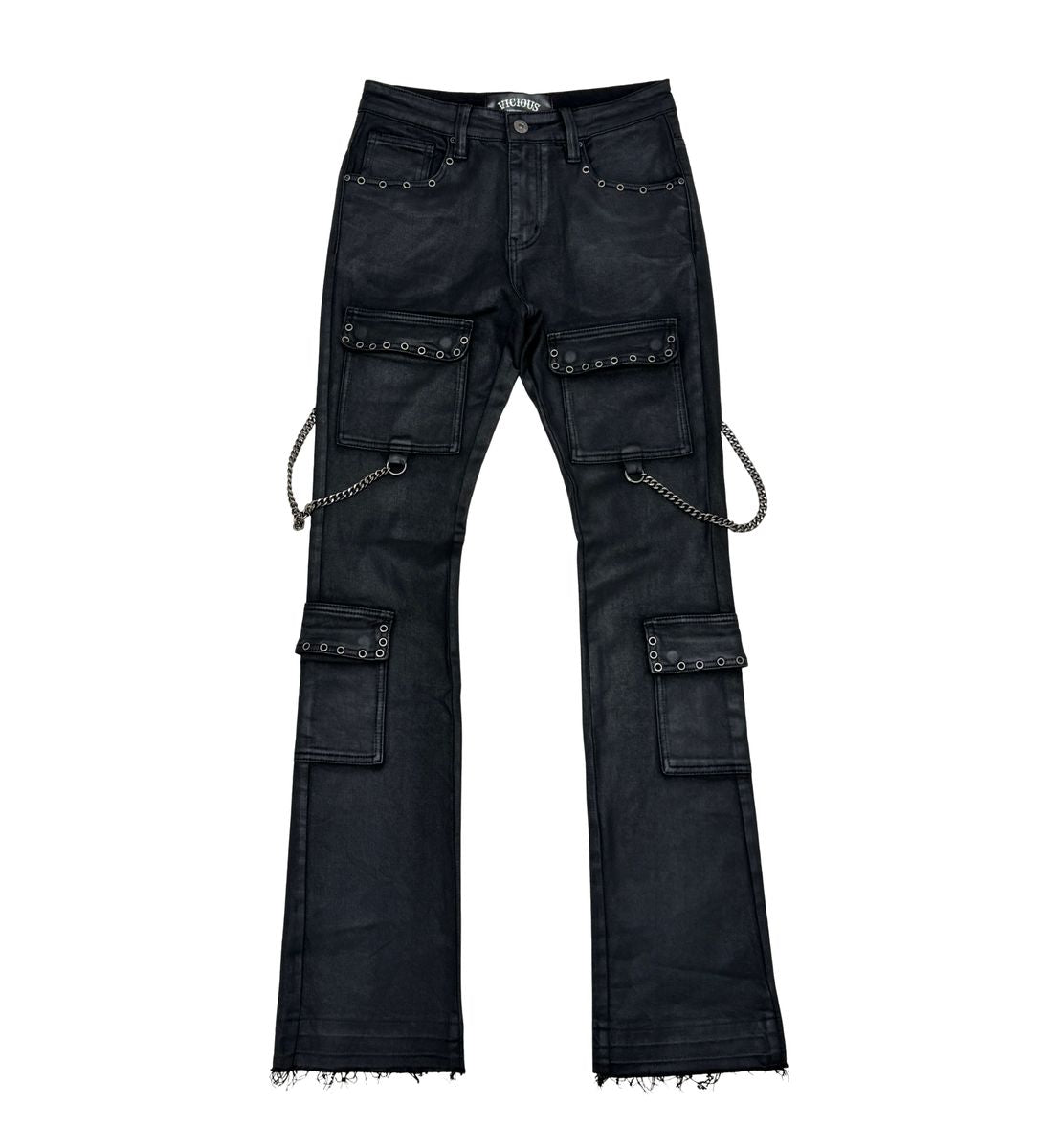 Vicious Flare Fit Denim W/Stone Details+Chains-Blk