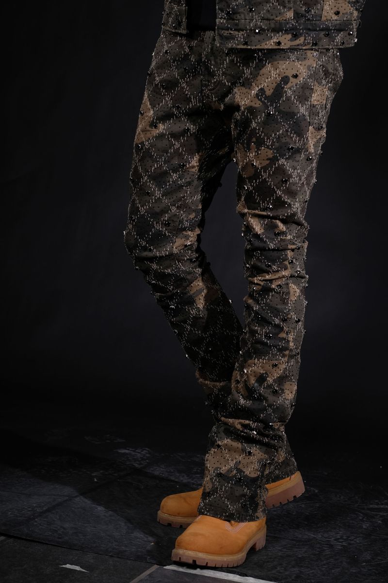 Vicious Camo Brown Embellished Rhinestone Flare Denim