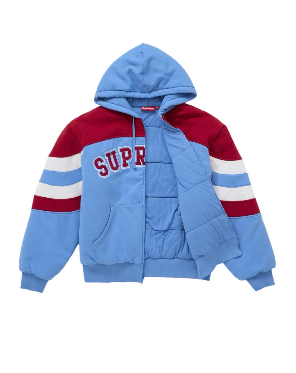 Supreme Filled Zip Up Hoodie- Baby Blue/Red