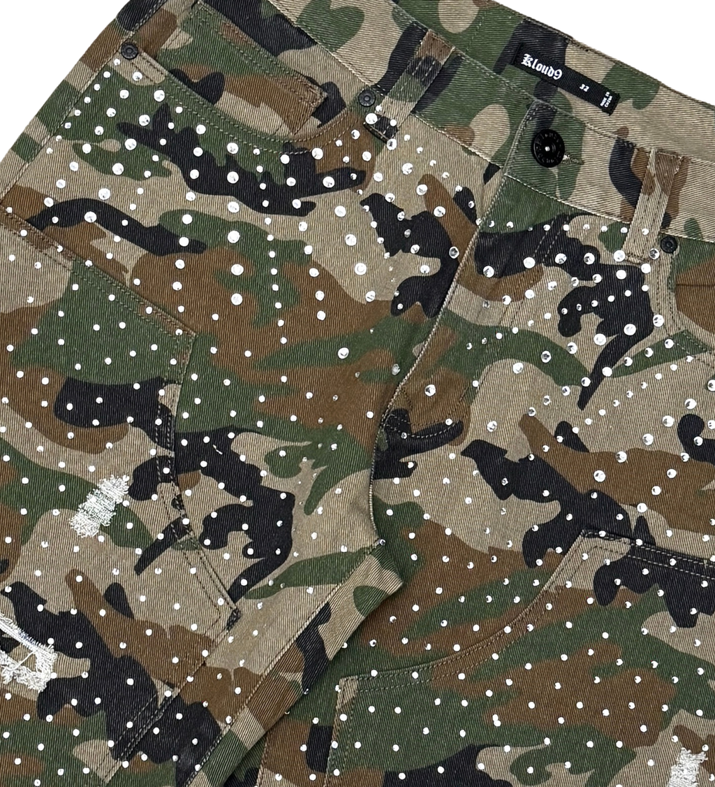 Kloud9 Mens Denim Shorts W/Rhinestone- Woodland Camo