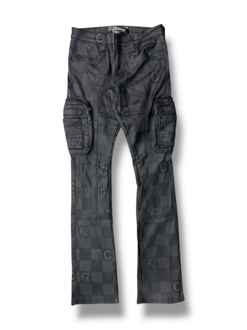 Vicious Wax Coated & Printed Cargo Stack Denim With Art Details - Coated Black
