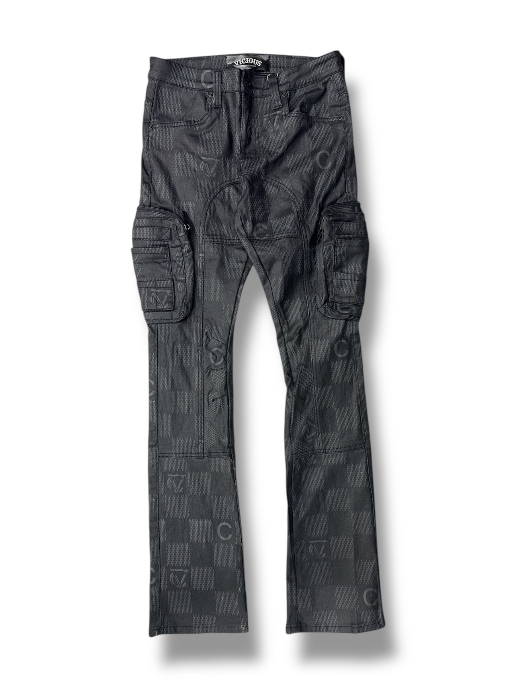 Vicious Wax Coated & Printed Cargo Stack Denim With Art Details - Coated Black