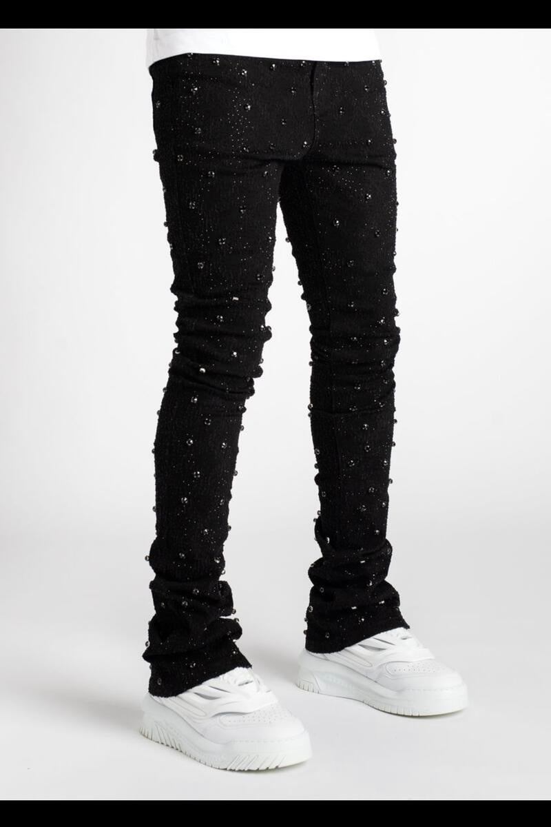 Vicious Embellish Rhinestone Flare Denim- Blk