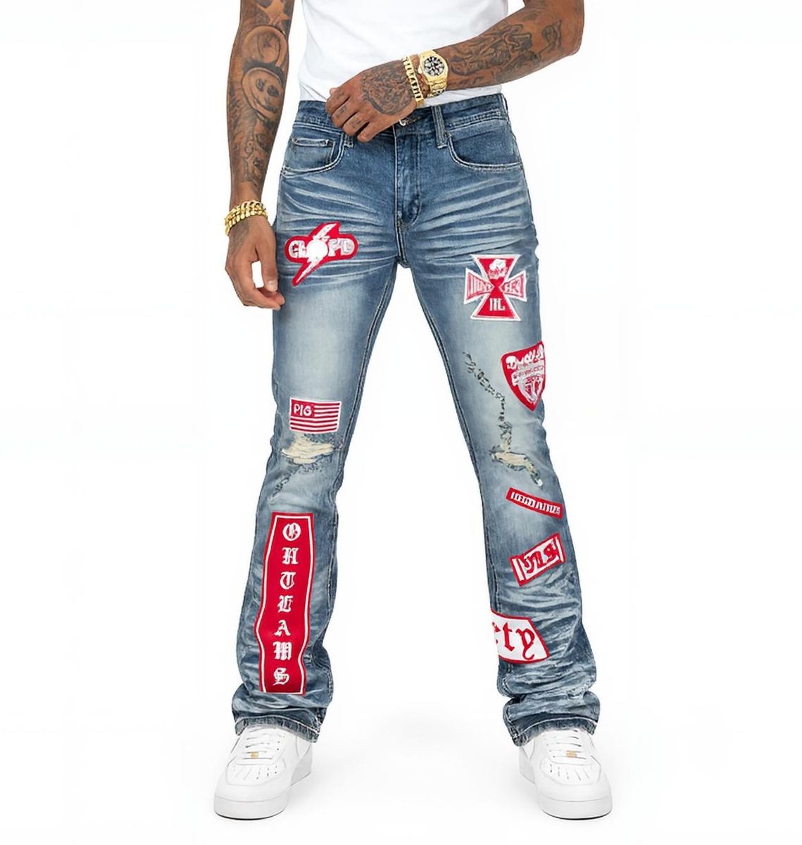 Vicious 'Vc1219 ' Patched Stacked Jeans- Blue