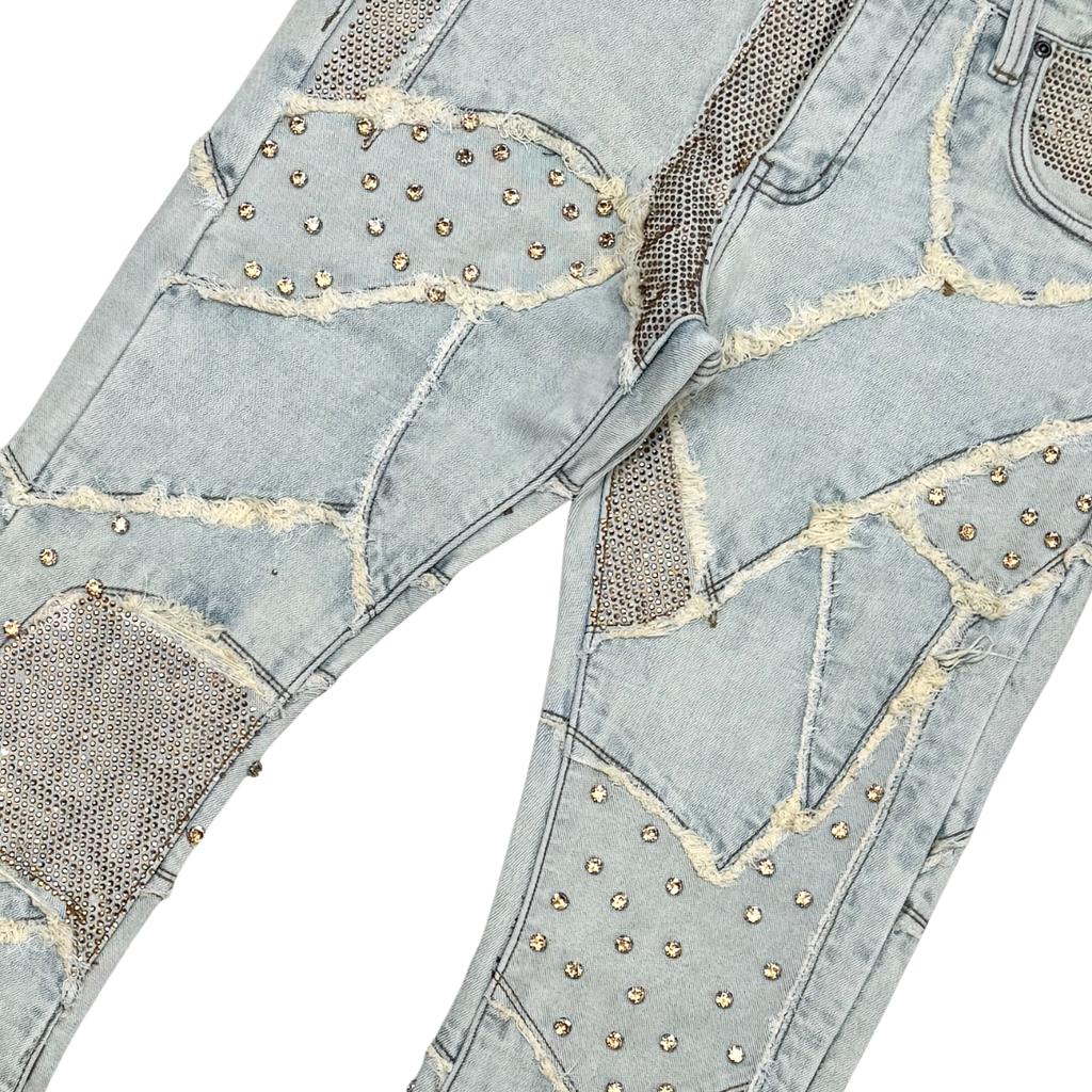 Vicious Boxy Rip & Repair Flare Denim Fray Details- Lt Blue