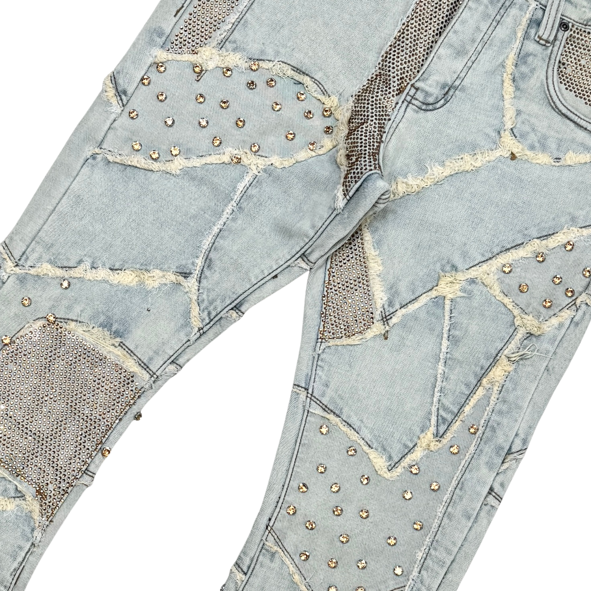 Vicious Boxy Rip & Repair Flare Denim Fray Details- Lt Blue