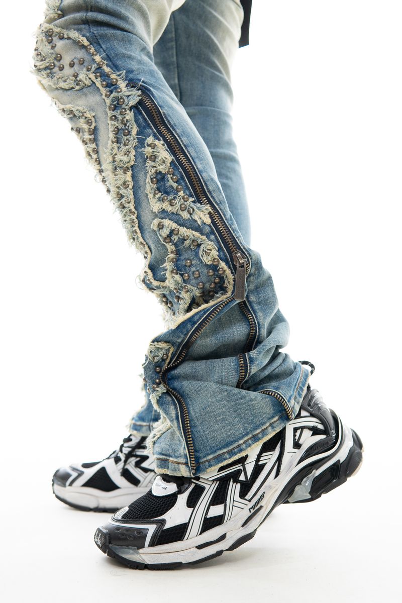 Vicious Blue Studded Ripped Flared Denim w/ Side Zippers