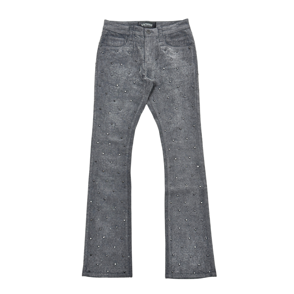 Vicious Embellish Rhinestone Snakeskin Stack Denim- Grey