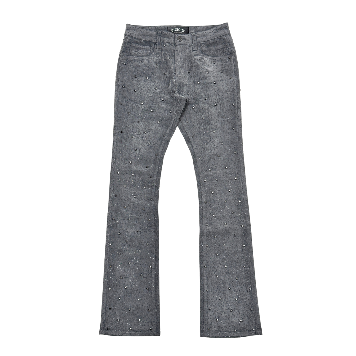 Vicious Embellish Rhinestone Snakeskin Stack Denim- Grey