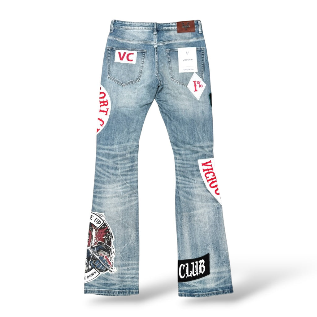 Vicious 'Vc1215' Patched Stacked Jeans- Lt Blue