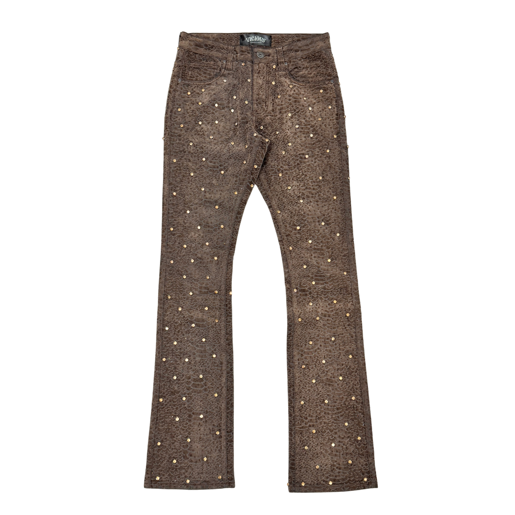 Vicious Embellish Rhinestone Snakeskin Stack Denim- Brown