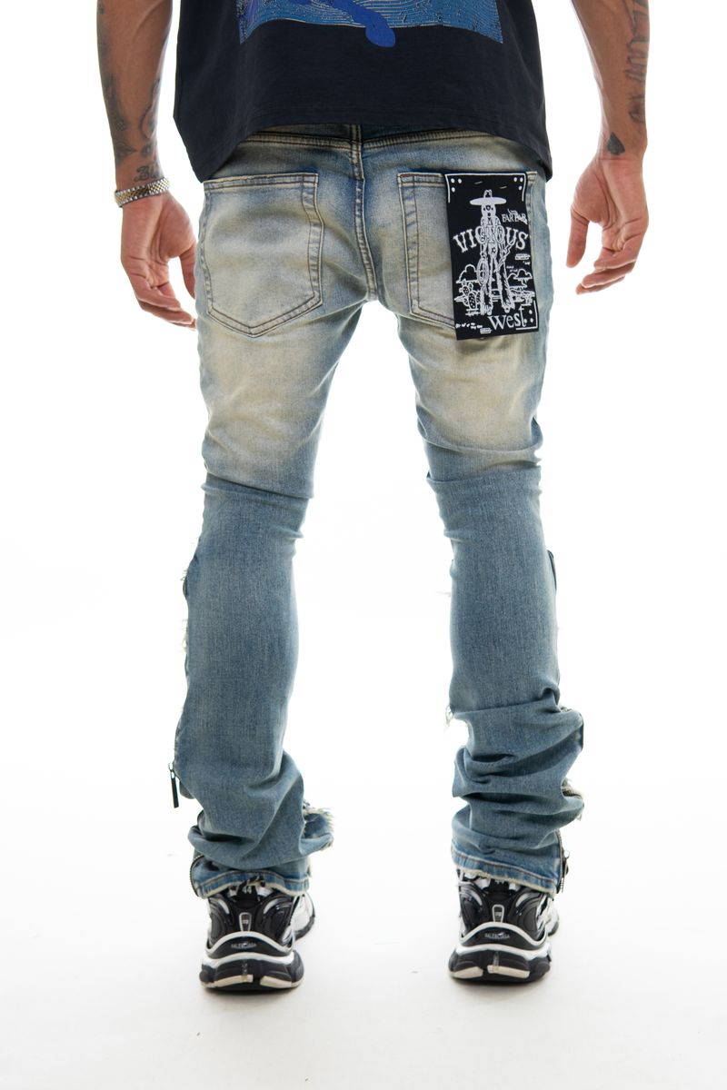 Vicious Blue Studded Ripped Flared Denim w/ Side Zippers