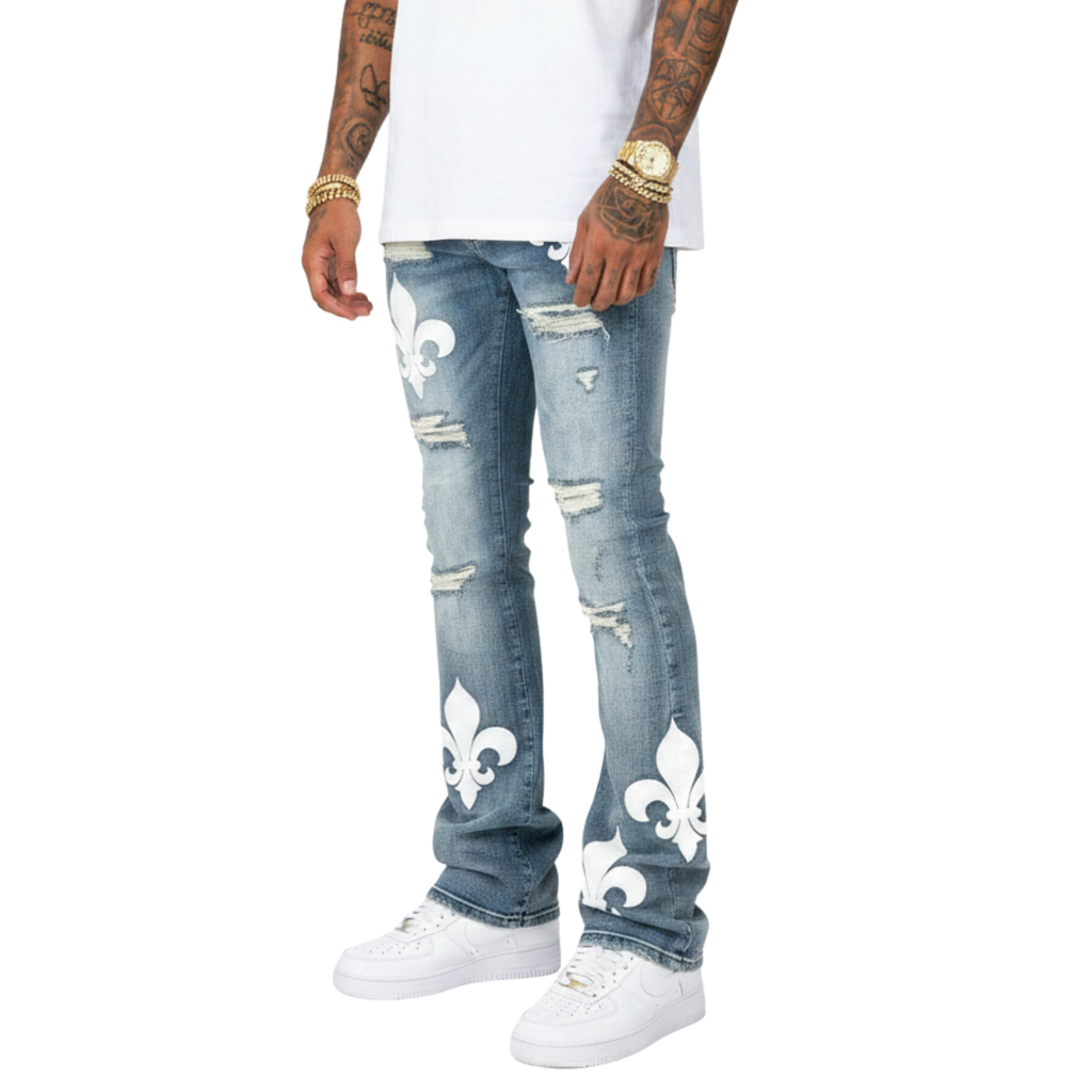 Vicious 'Premium Artwork All Over' Flared Jeans- Lt Blue